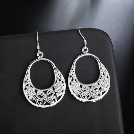 925 Silver Earrings Female Retro Hollow Flower Oval Earrings Earrings Fashion Simple Jewelry For Girlfriend