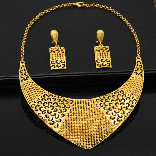 24K Gold Plated Dubai Bridal Necklace Two-piece Earrings Set Pack